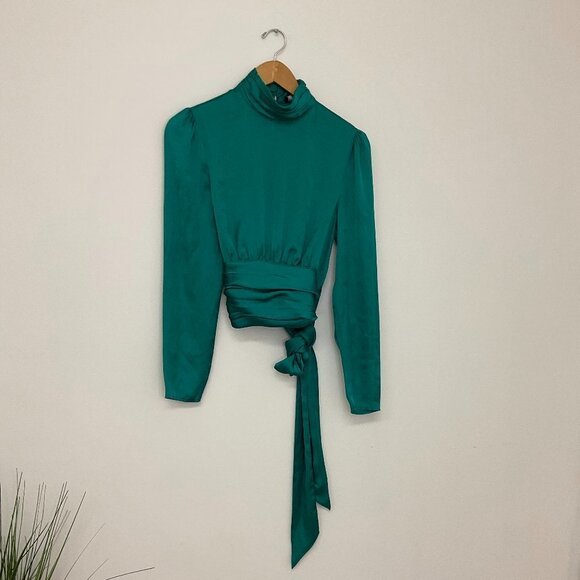 Slate & Willow Satin High Collar Puff Sleeve Backless Blouse Size S Green - Picture 2 of 4